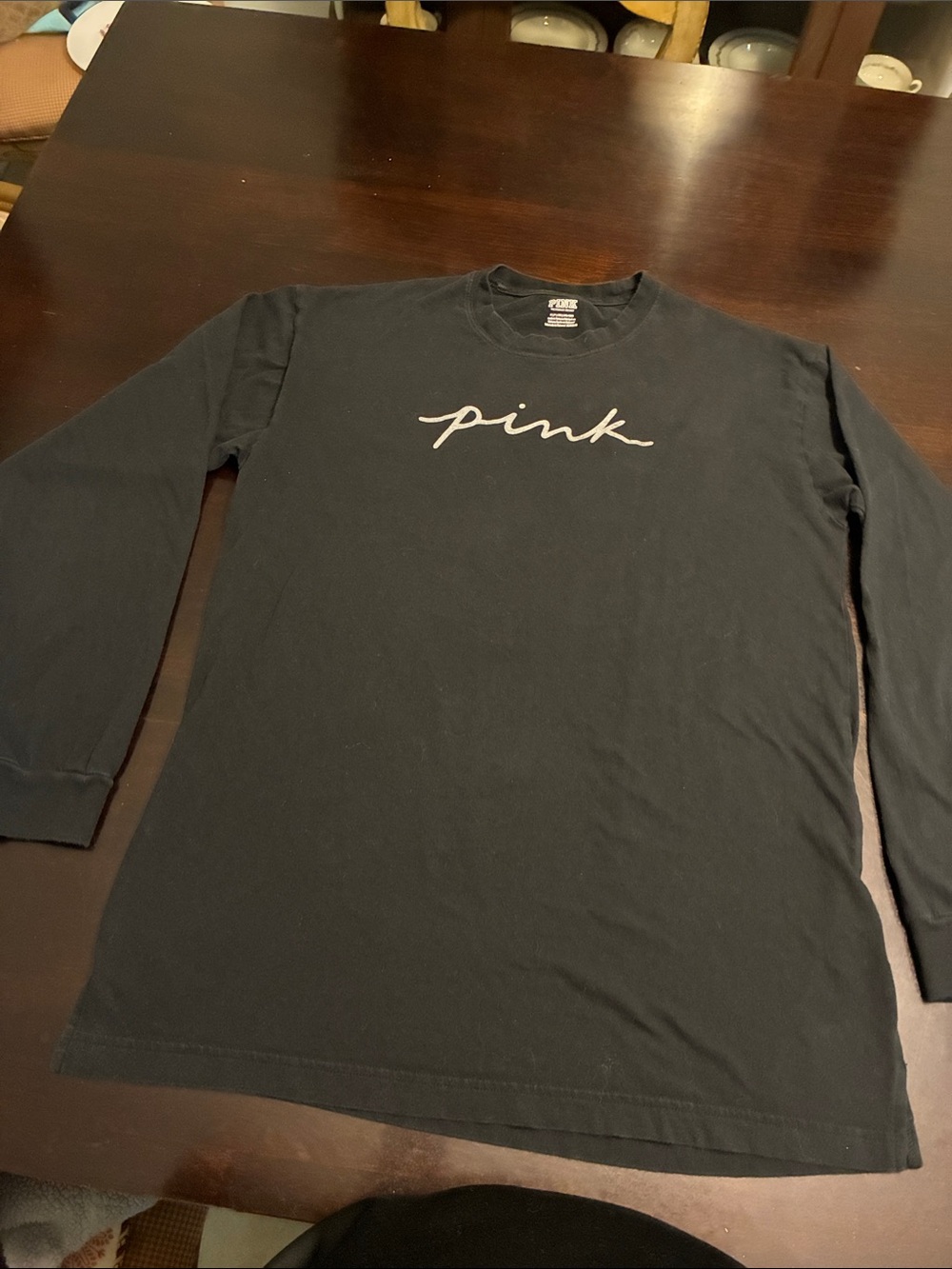 PINK Victoria's Secret Black Long-Sleeve Shirt with White Script Logo